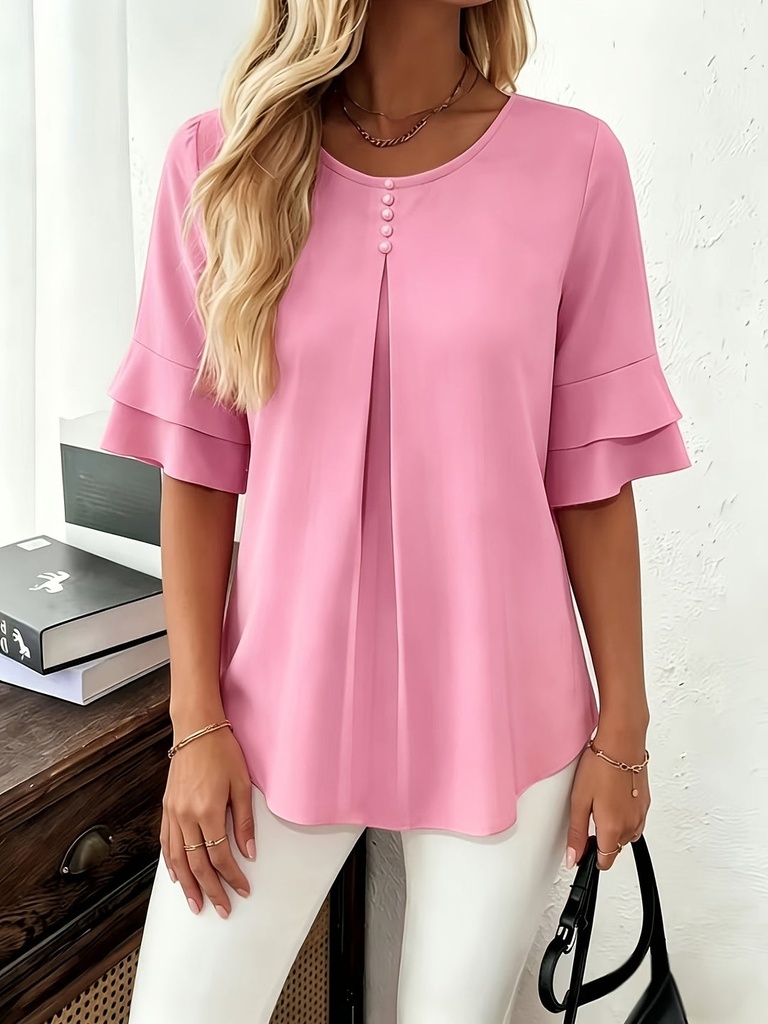 Karen | Flared-Sleeve Pleated Blouse