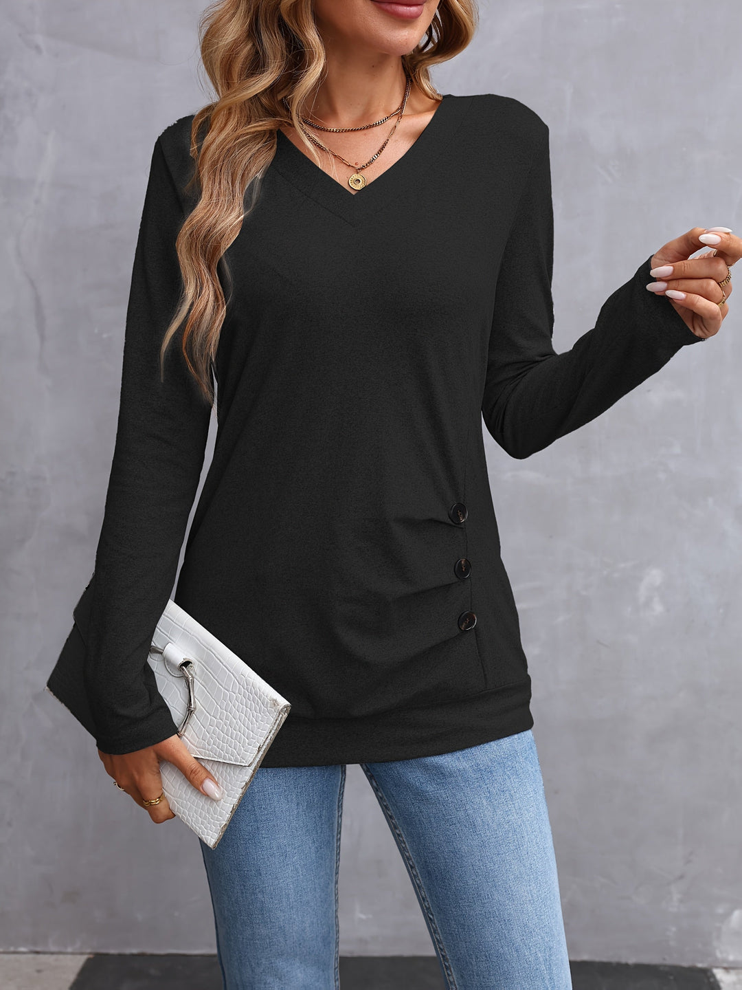 Kathryn | Side-Button V-Neck Long Sleeve Top