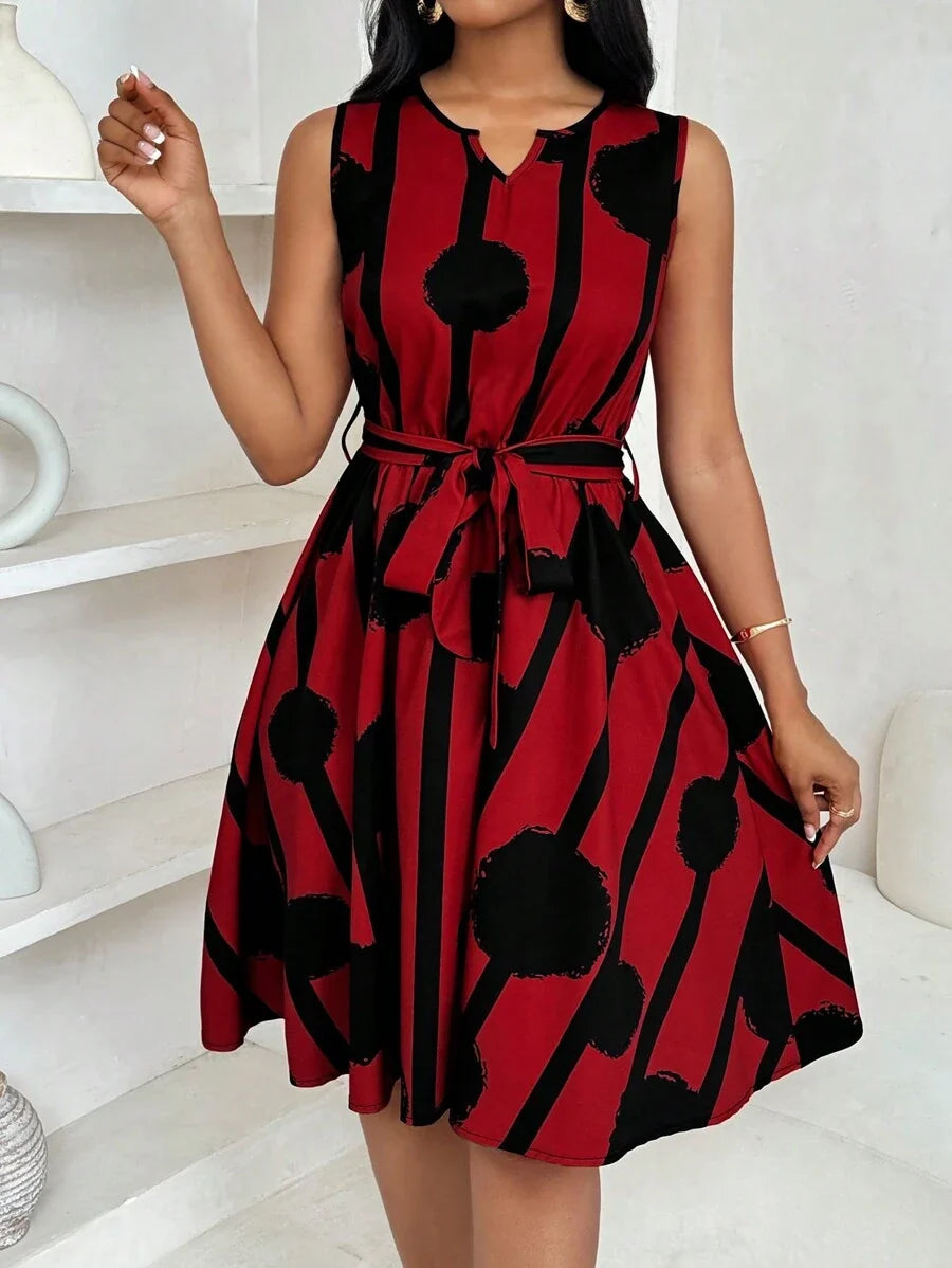 Vivienne | Elegant Geometric Print Tie-Waist Dress