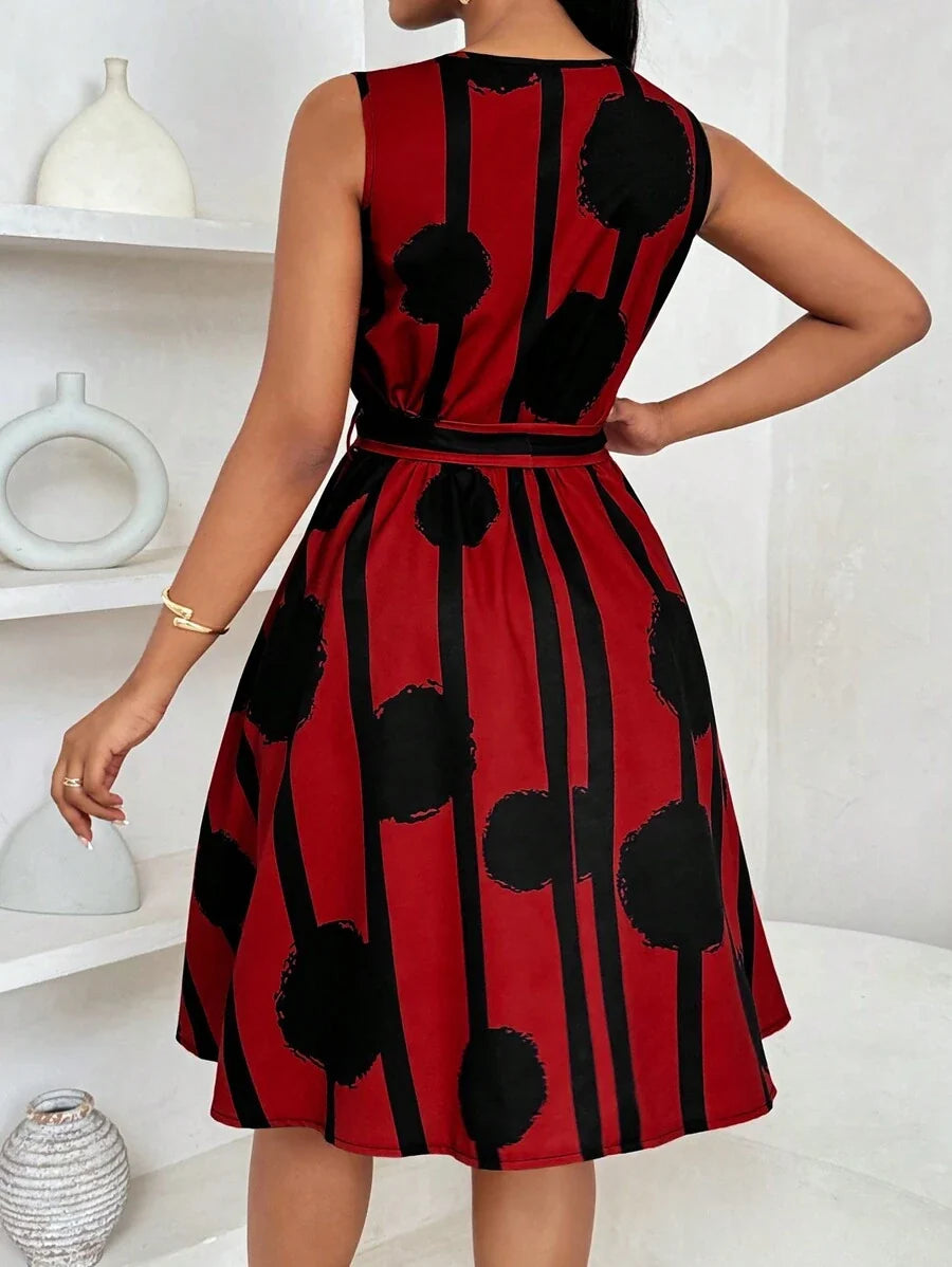 Vivienne | Elegant Geometric Print Tie-Waist Dress