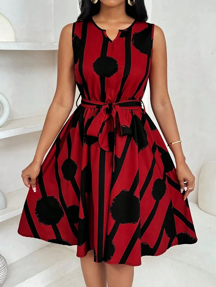 Vivienne | Elegant Geometric Print Tie-Waist Dress