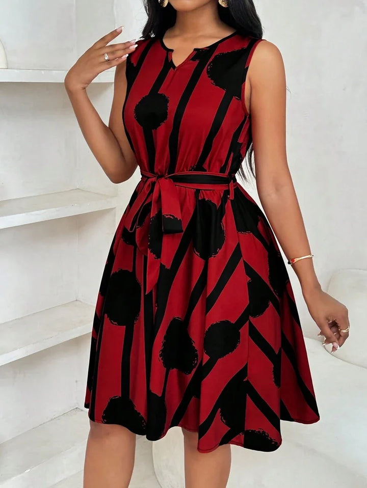 Vivienne | Elegant Geometric Print Tie-Waist Dress