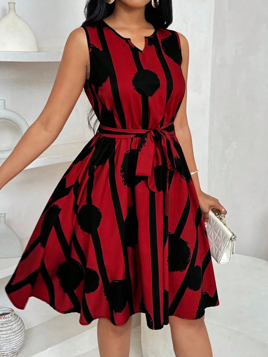 Vivienne | Elegant Geometric Print Tie-Waist Dress