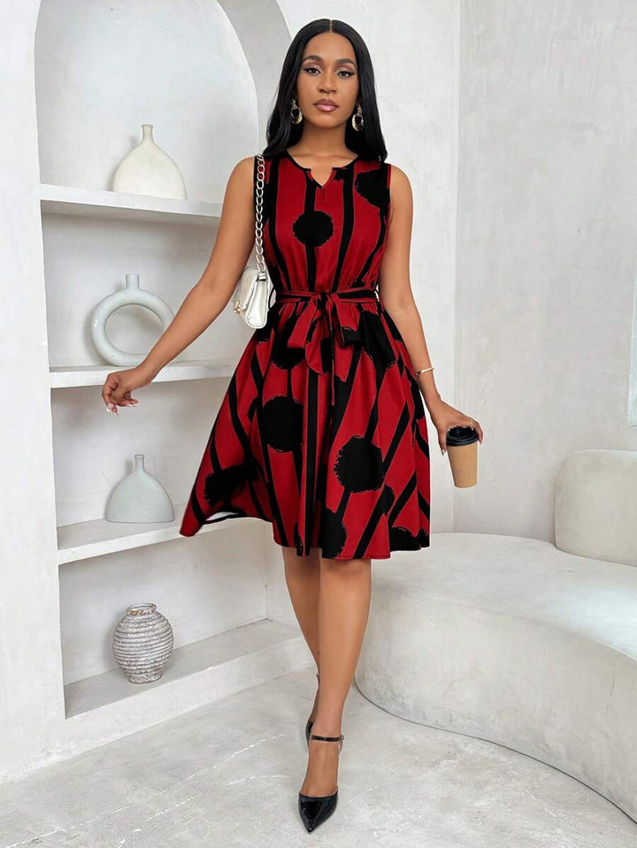 Vivienne | Elegant Geometric Print Tie-Waist Dress