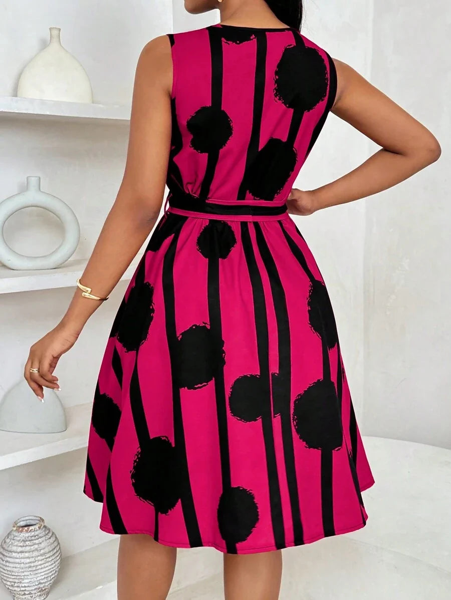 Vivienne | Elegant Geometric Print Tie-Waist Dress