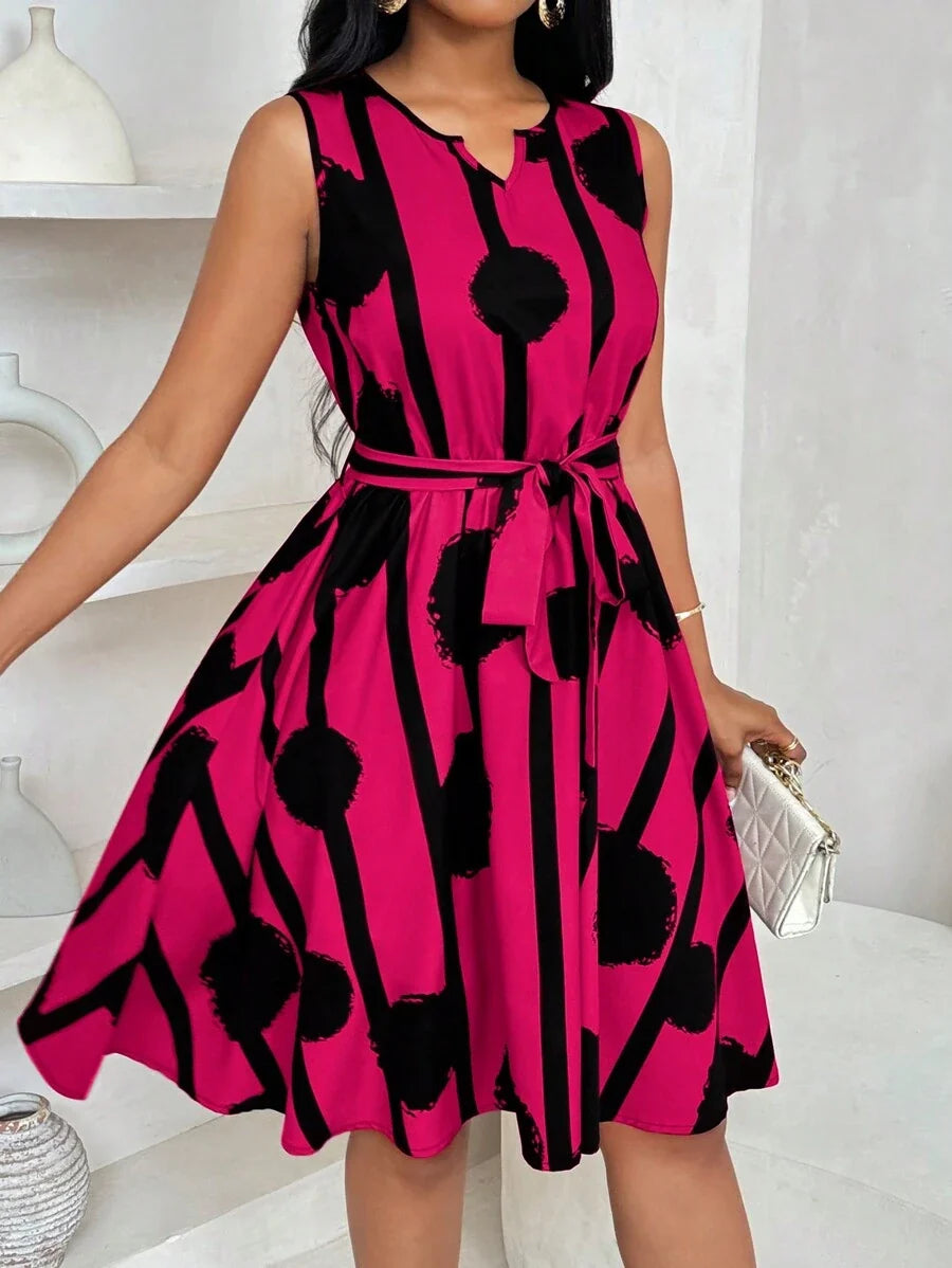 Vivienne | Elegant Geometric Print Tie-Waist Dress