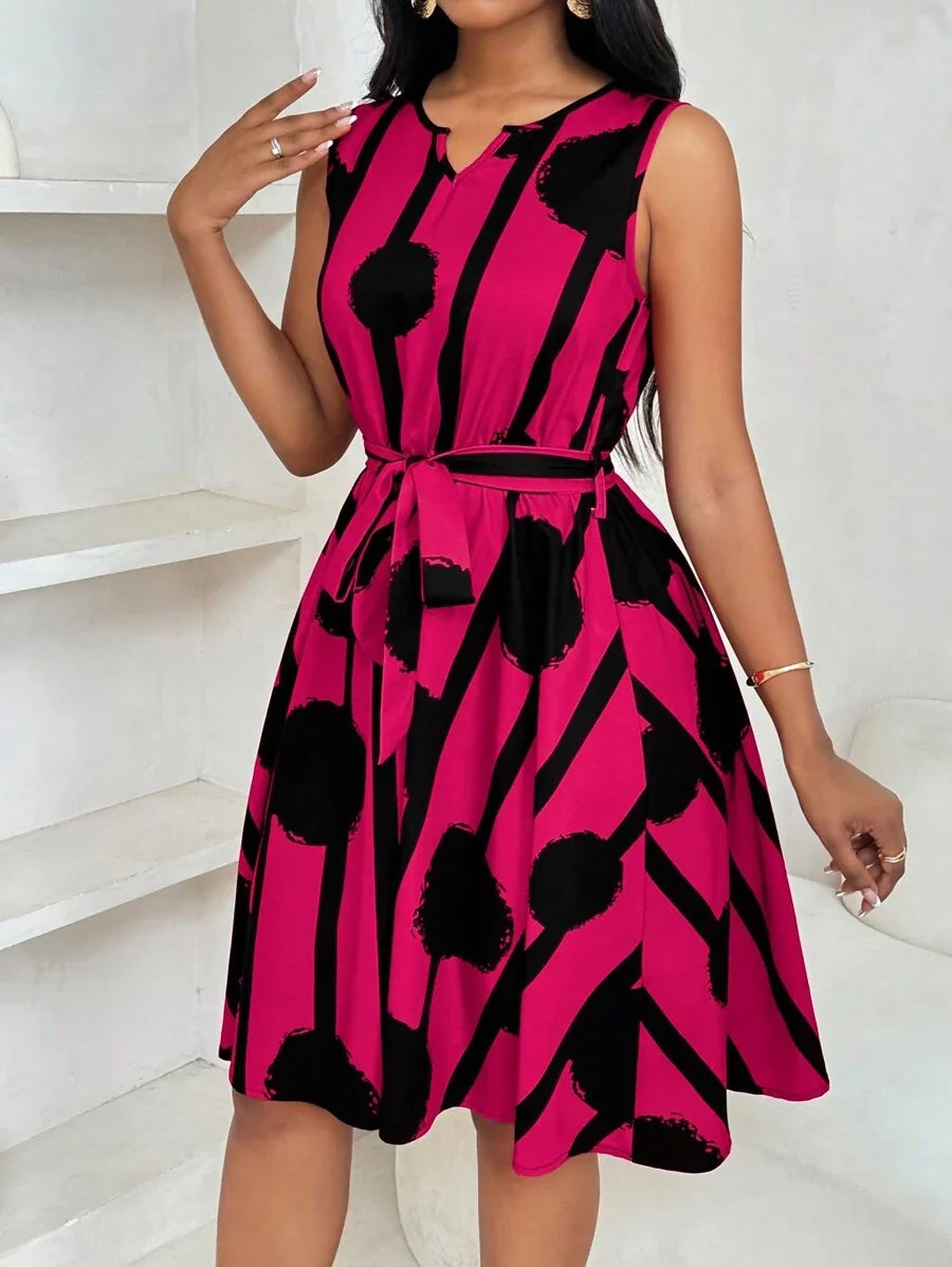 Vivienne | Elegant Geometric Print Tie-Waist Dress