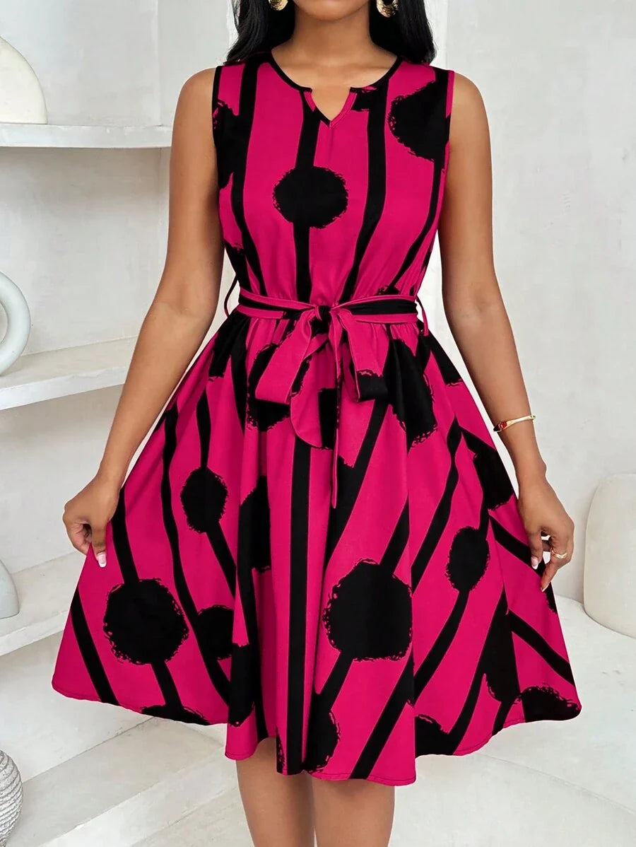 Vivienne | Elegant Geometric Print Tie-Waist Dress