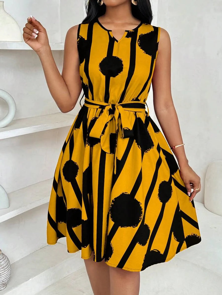 Vivienne | Elegant Geometric Print Tie-Waist Dress