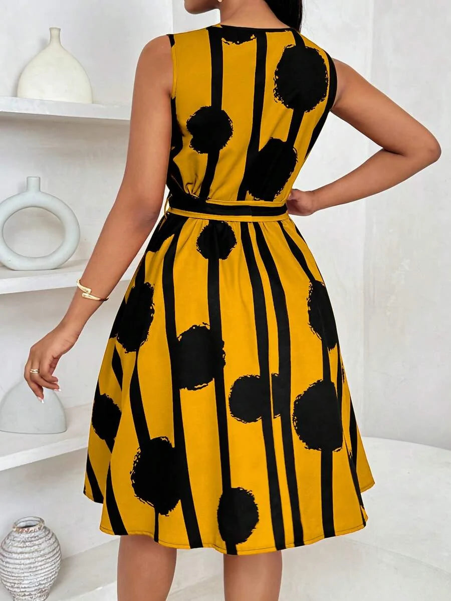 Vivienne | Elegant Geometric Print Tie-Waist Dress