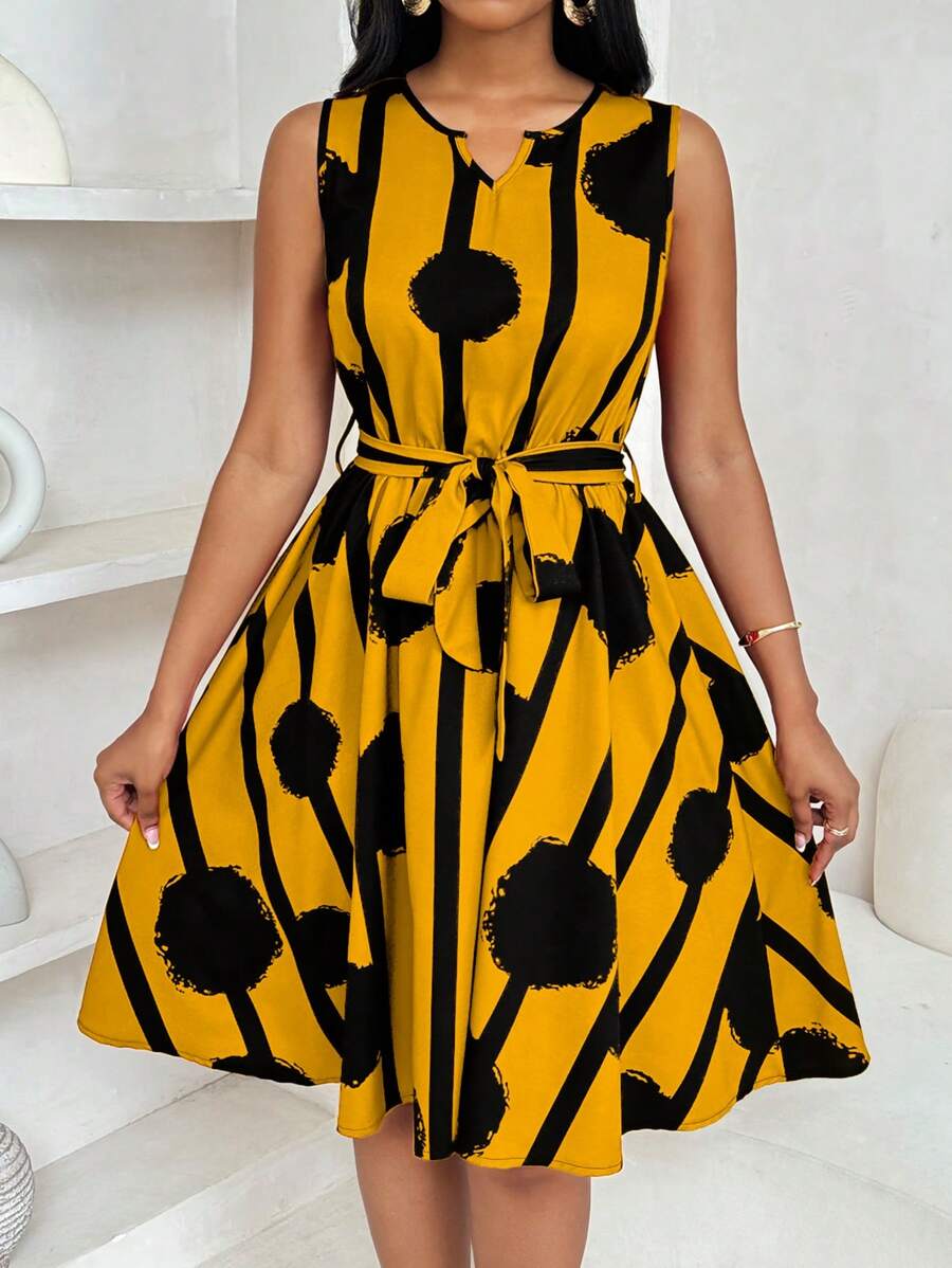 Vivienne | Elegant Geometric Print Tie-Waist Dress