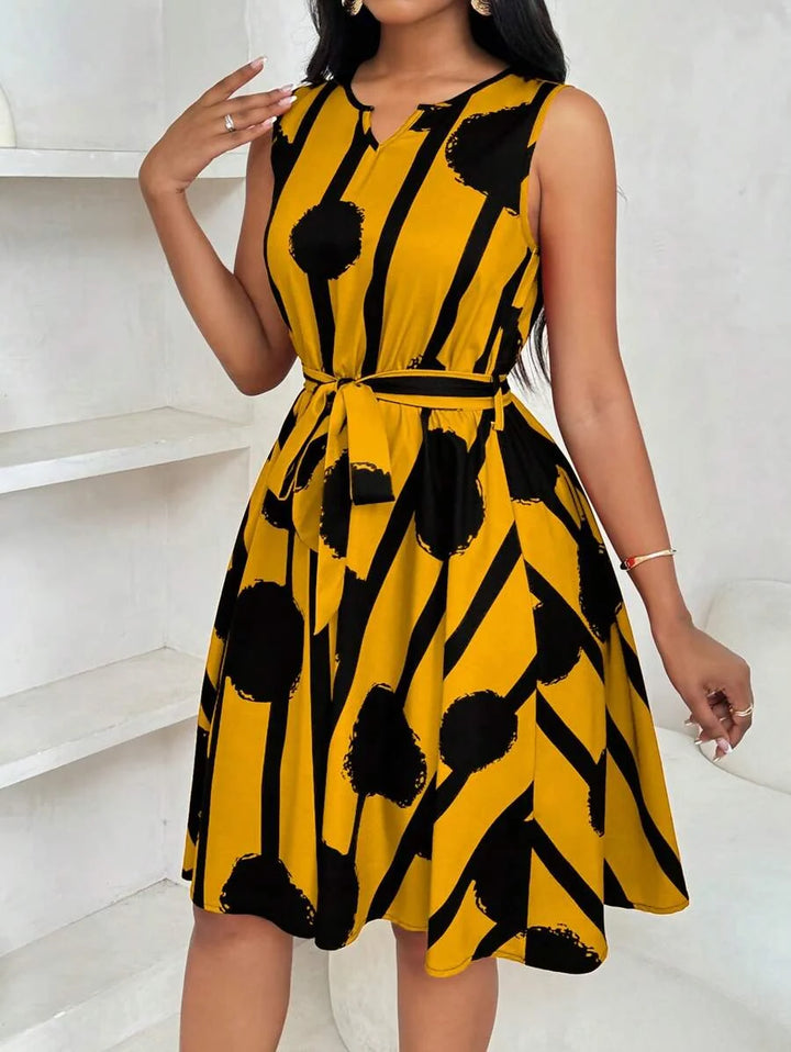 Vivienne | Elegant Geometric Print Tie-Waist Dress