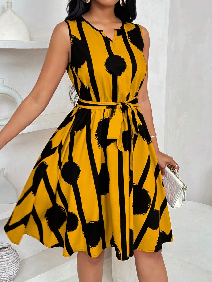 Vivienne | Elegant Geometric Print Tie-Waist Dress