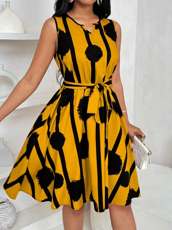 Vivienne | Elegant Geometric Print Tie-Waist Dress