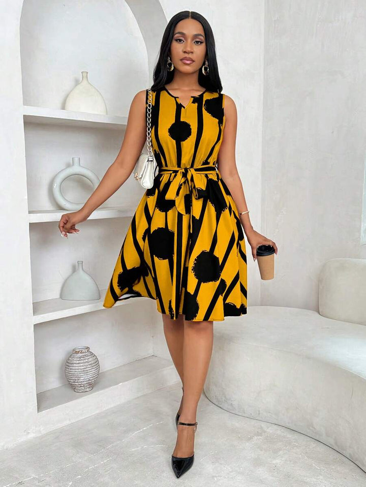 Vivienne | Elegant Geometric Print Tie-Waist Dress