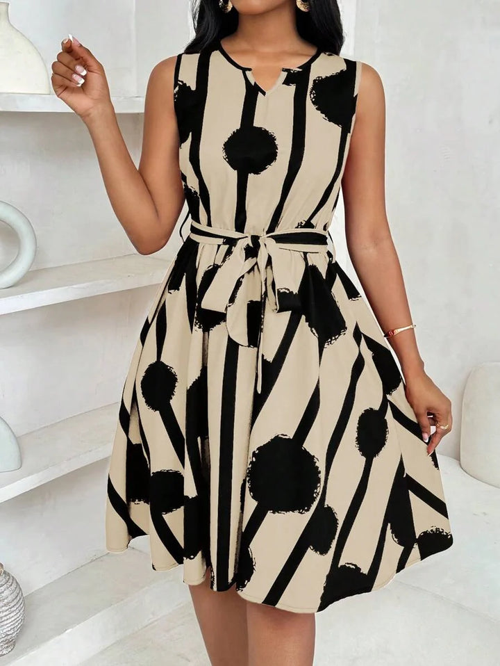 Vivienne | Elegant Geometric Print Tie-Waist Dress