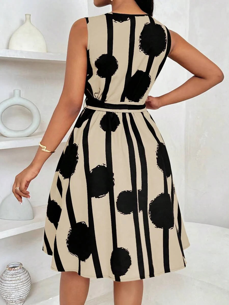 Vivienne | Elegant Geometric Print Tie-Waist Dress