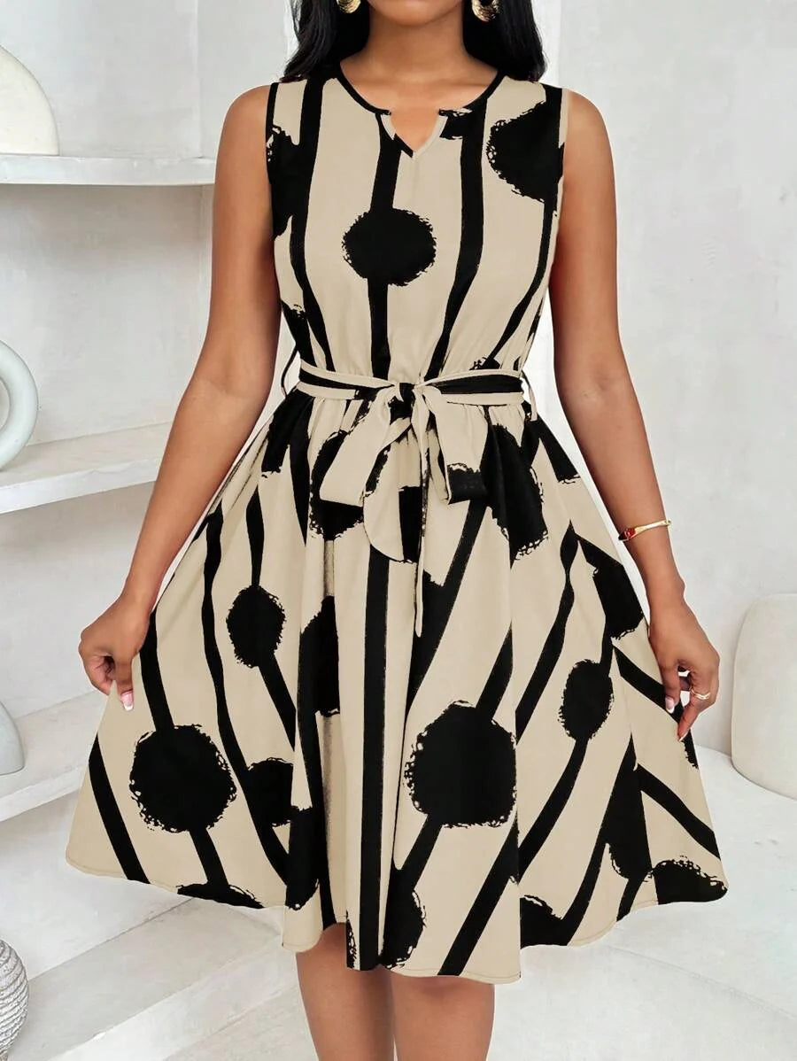 Vivienne | Elegant Geometric Print Tie-Waist Dress