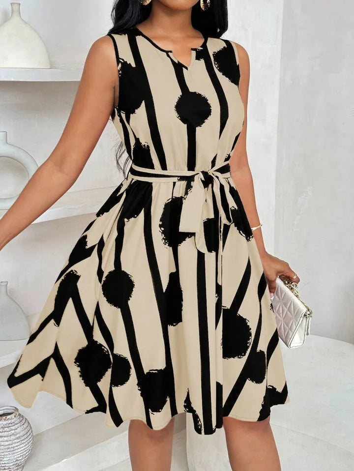 Vivienne | Elegant Geometric Print Tie-Waist Dress