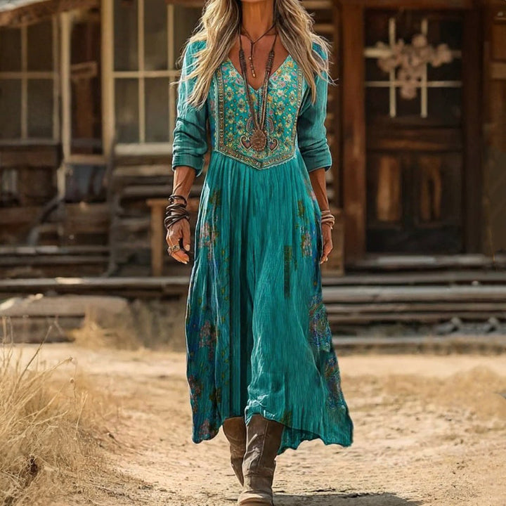 Priscilla | Vintage V-Neck Long Sleeve Casual Dress