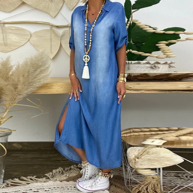 Alliah | Elegant Mid Sleeve V-Neck Plain Dress