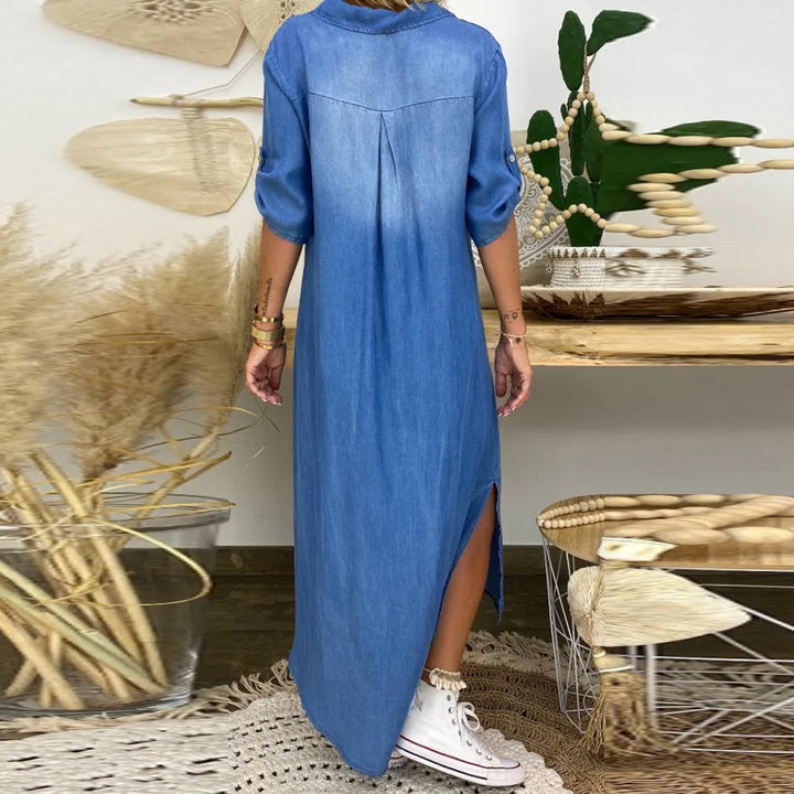 Alliah | Elegant Mid Sleeve V-Neck Plain Dress
