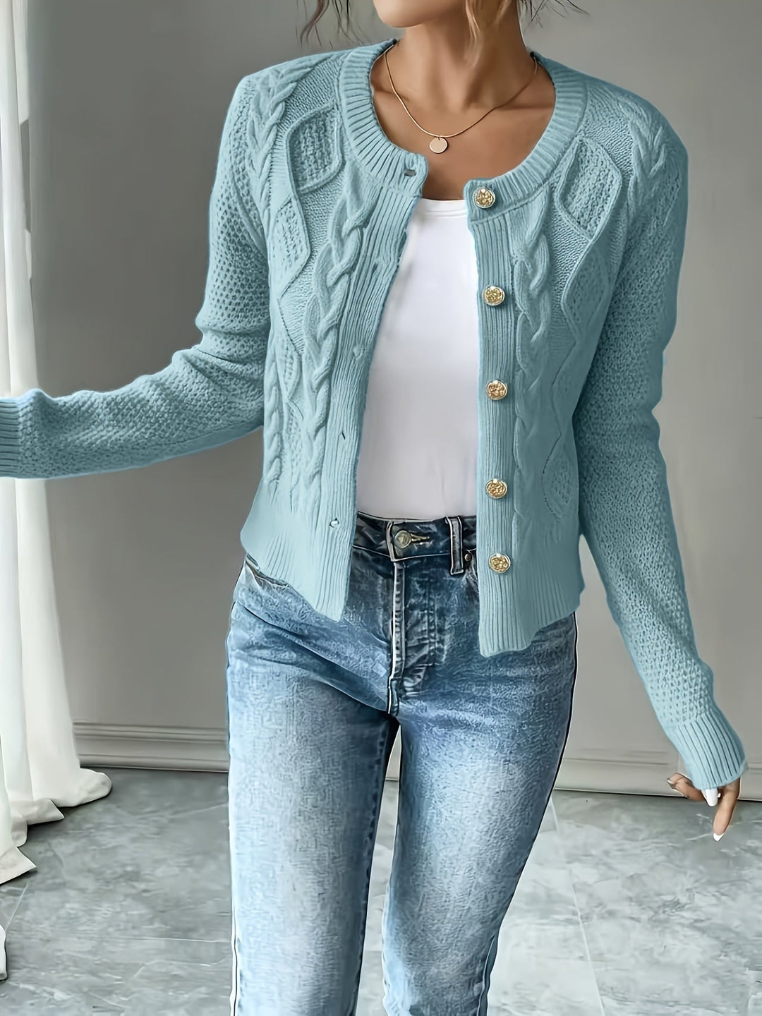 Eleanora | Cable-Knit Button-Front Cardigan
