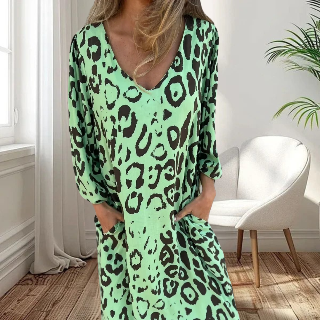Sharon | Stylish Long V-Neck Leopard Dress