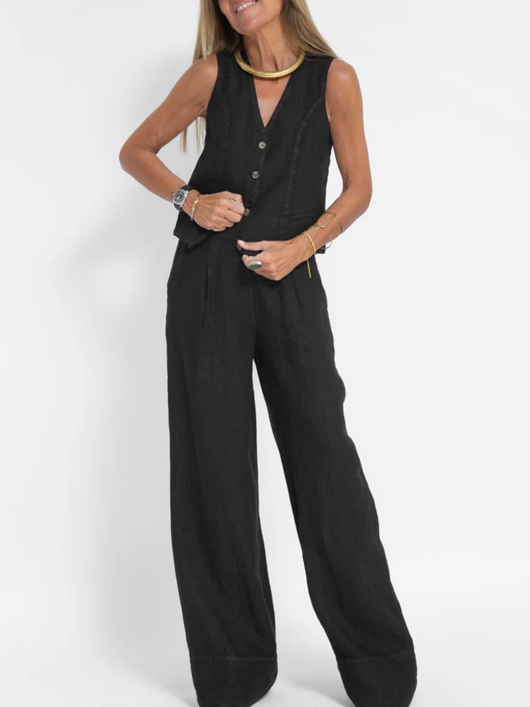 Lauren | Sleeveless V-Neck Vest &amp; Wide-Leg Trousers Set