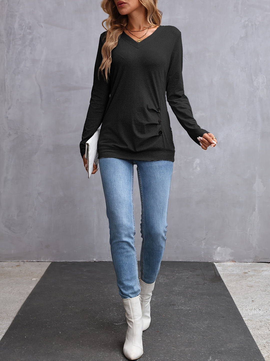 Kathryn | Side-Button V-Neck Long Sleeve Top