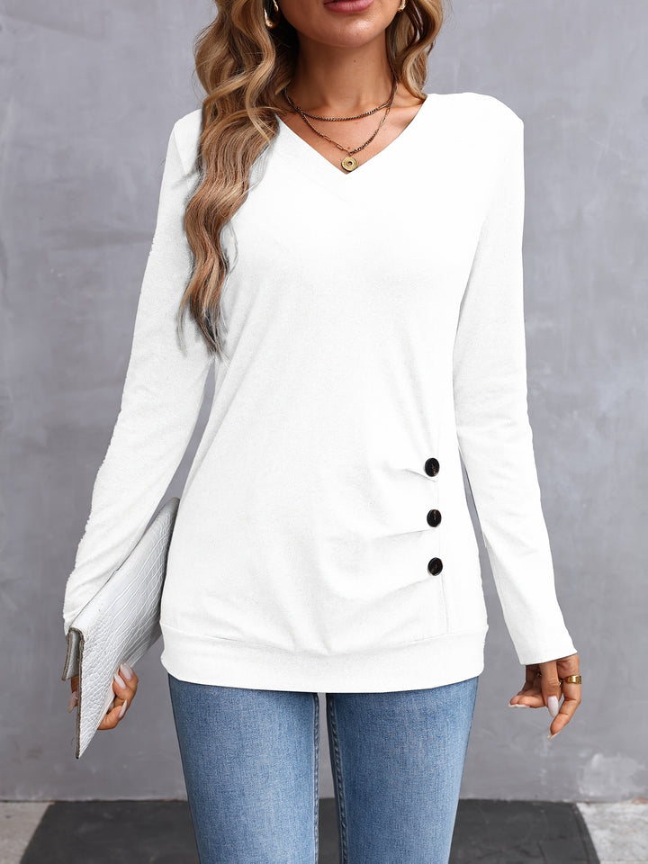 Kathryn | Side-Button V-Neck Long Sleeve Top