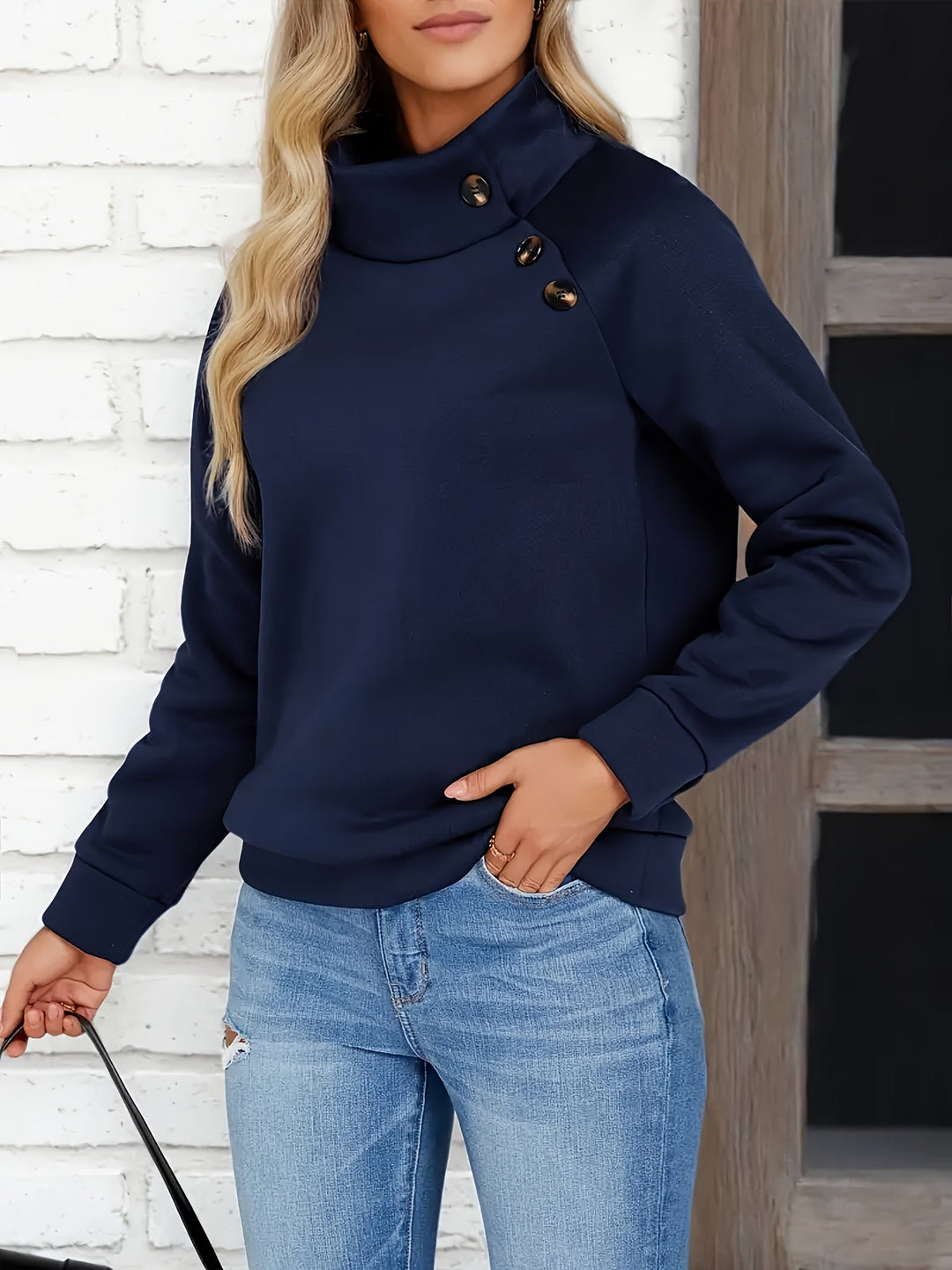 Kirsten | Button-Accent Stand Collar Sweatshirt