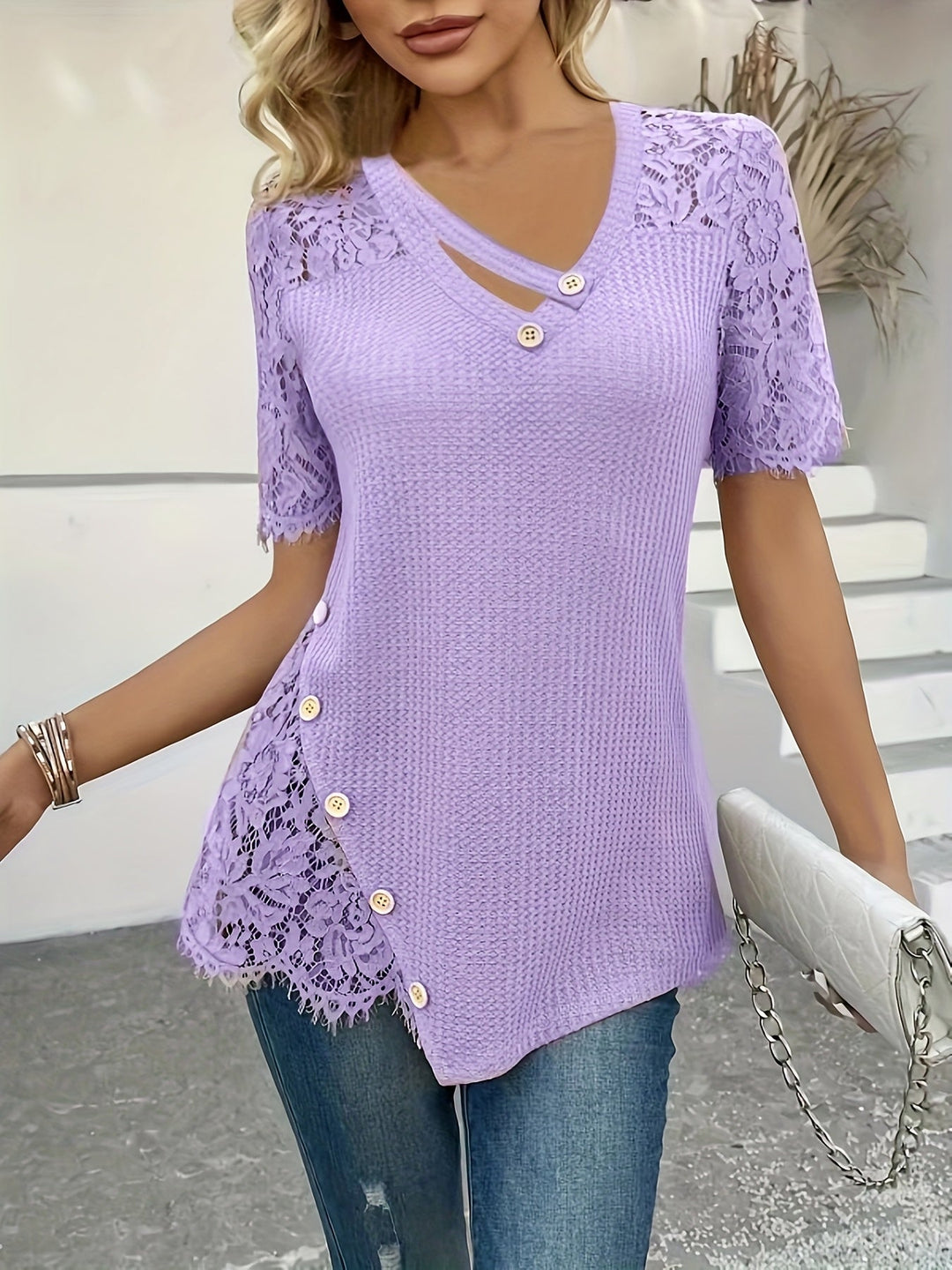 Delphine | Lace-Trimmed Button Top