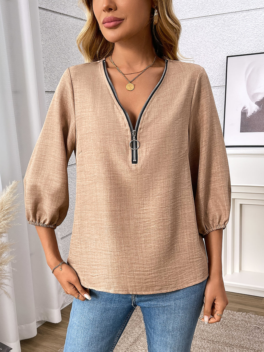 Claudia | Zip-Front V-Neck Blouse