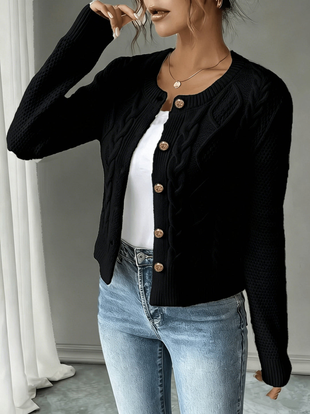 Eleanora | Cable-Knit Button-Front Cardigan