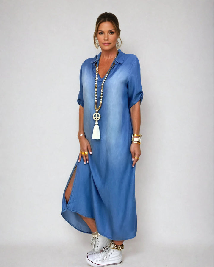 Alliah | Elegant Mid Sleeve V-Neck Plain Dress