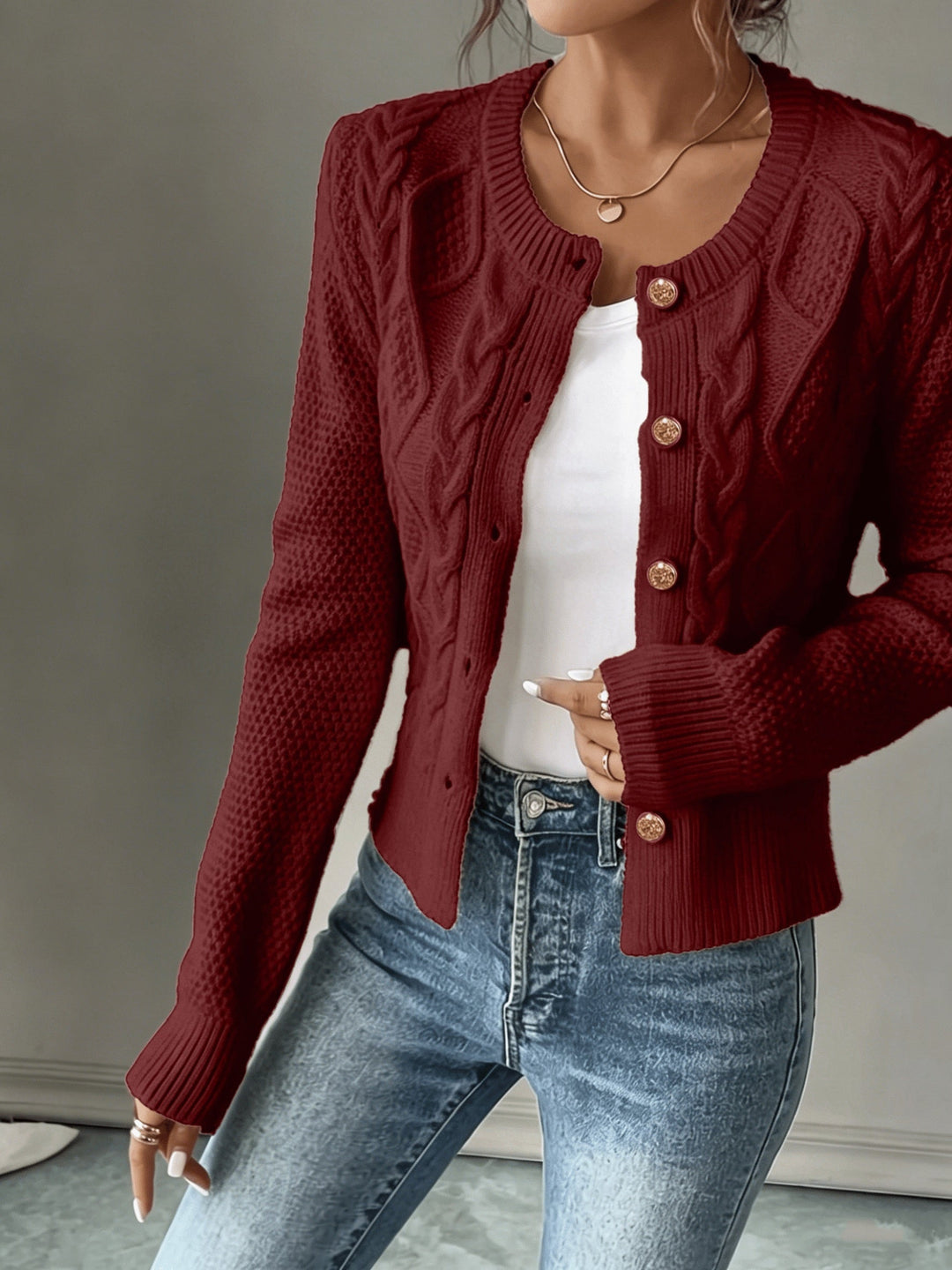 Eleanora | Cable-Knit Button-Front Cardigan