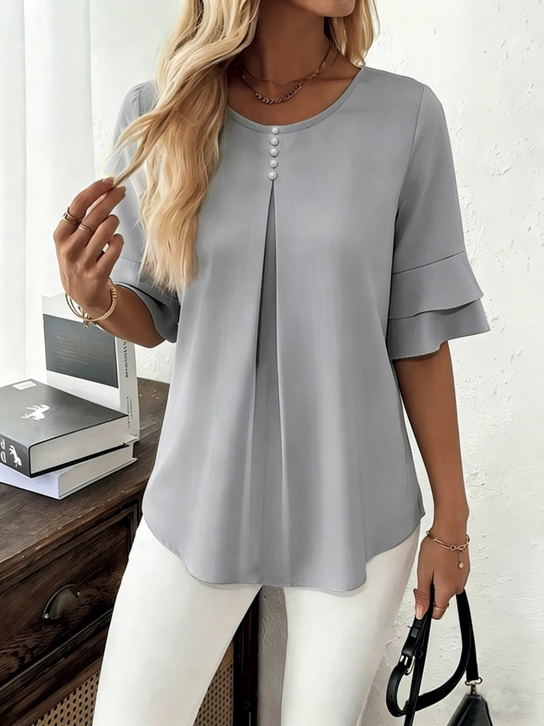 Karen | Flared-Sleeve Pleated Blouse