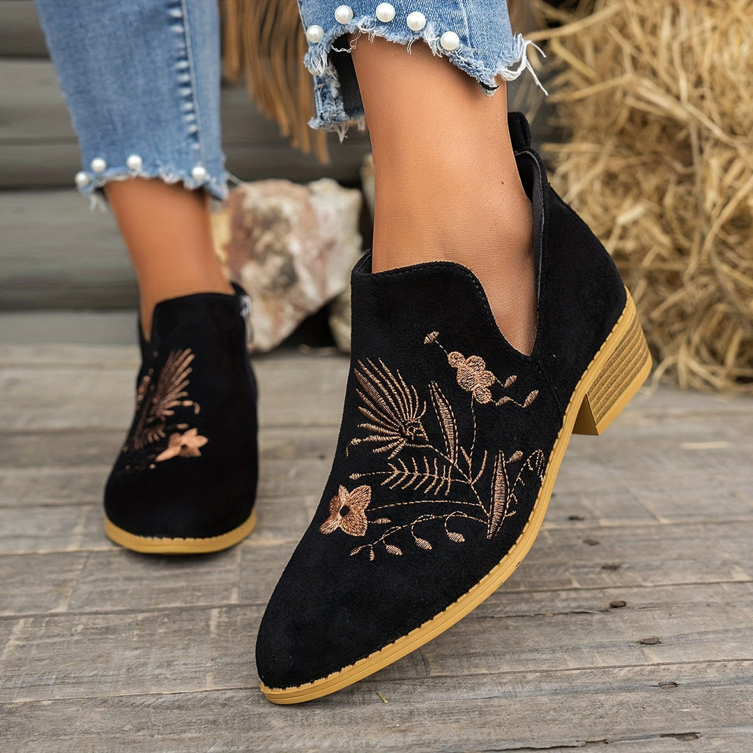 Isadora | Embroidered Low-Heel Ankle Boots