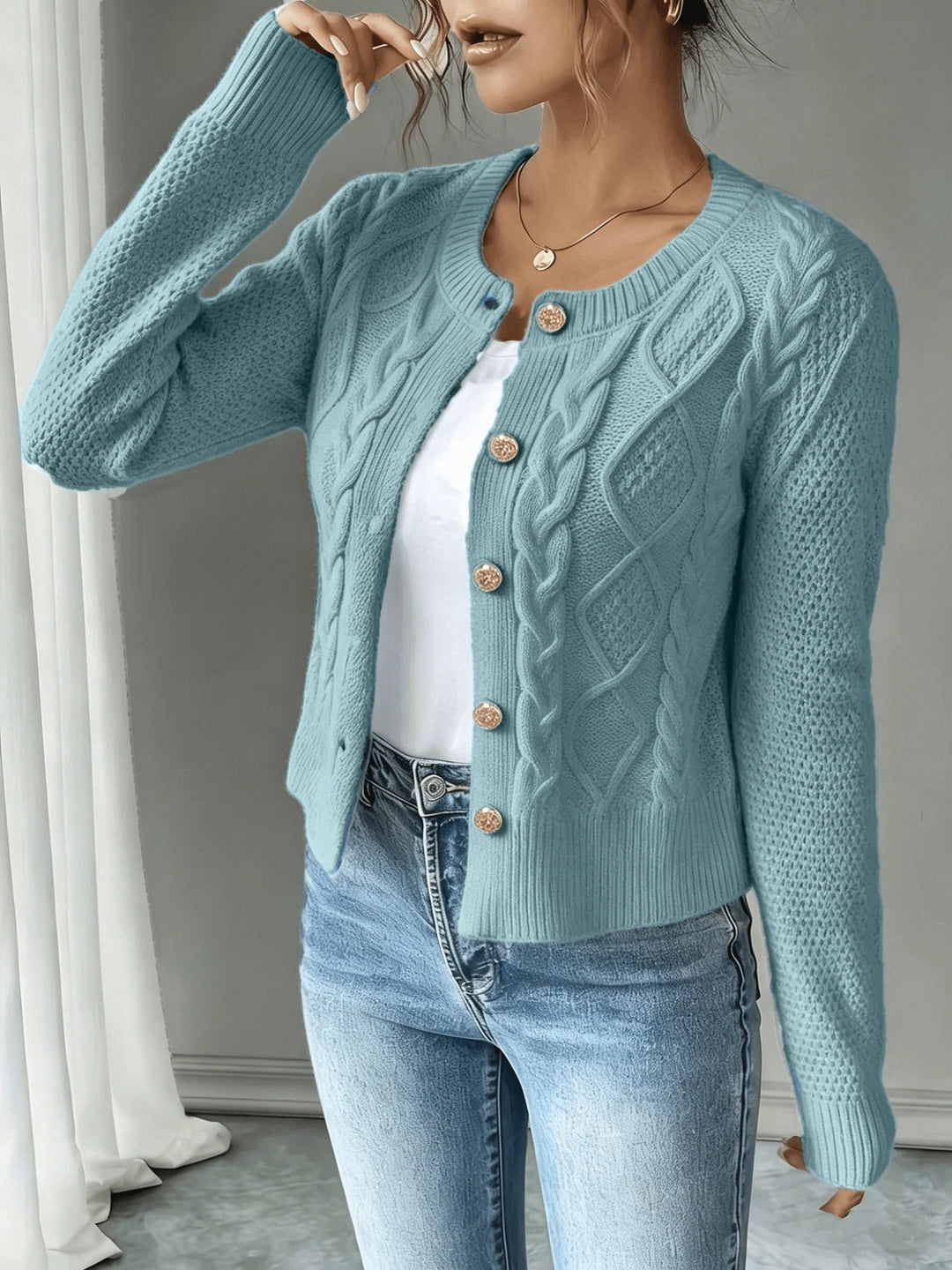 Eleanora | Cable-Knit Button-Front Cardigan