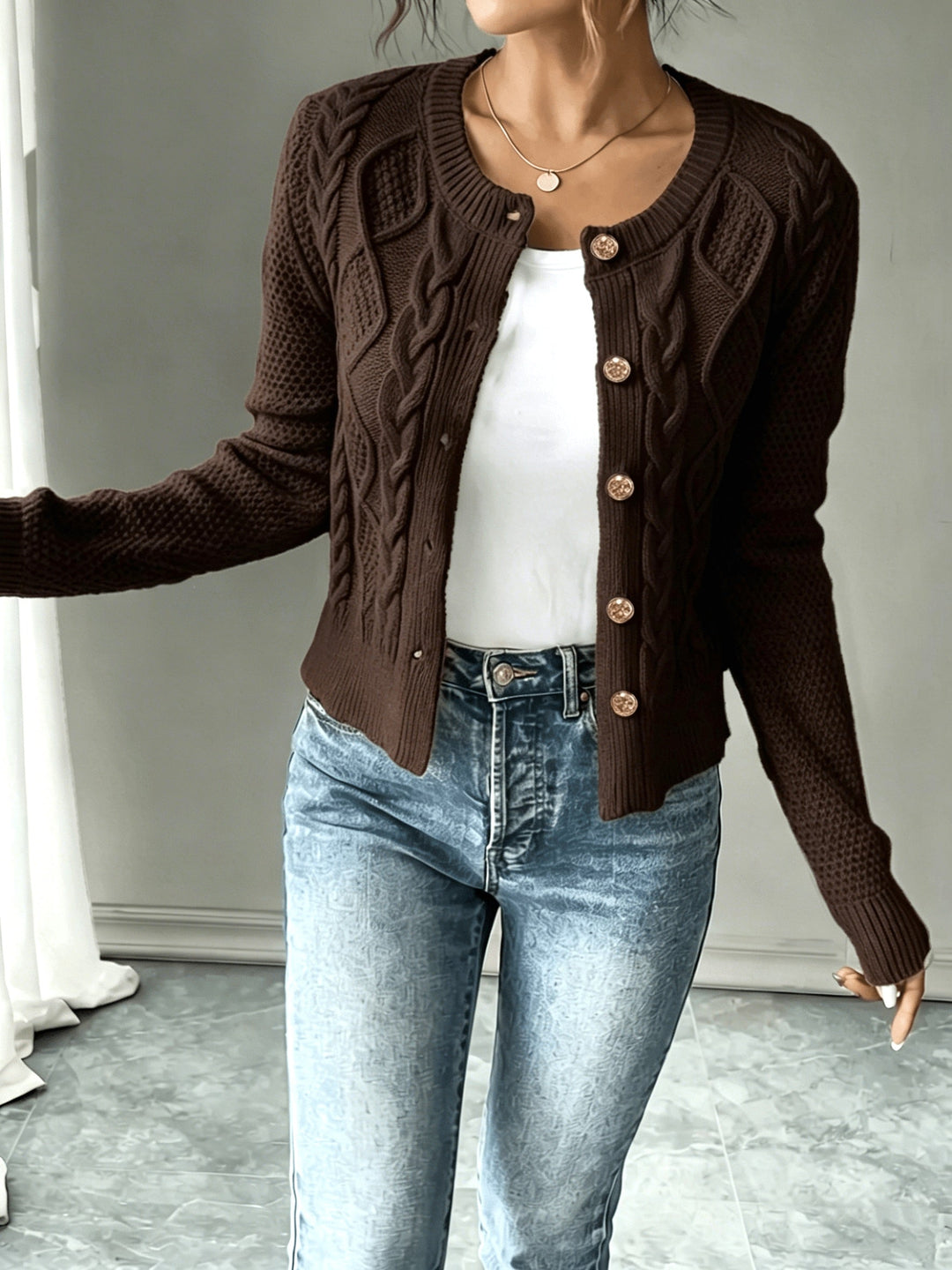 Eleanora | Cable-Knit Button-Front Cardigan