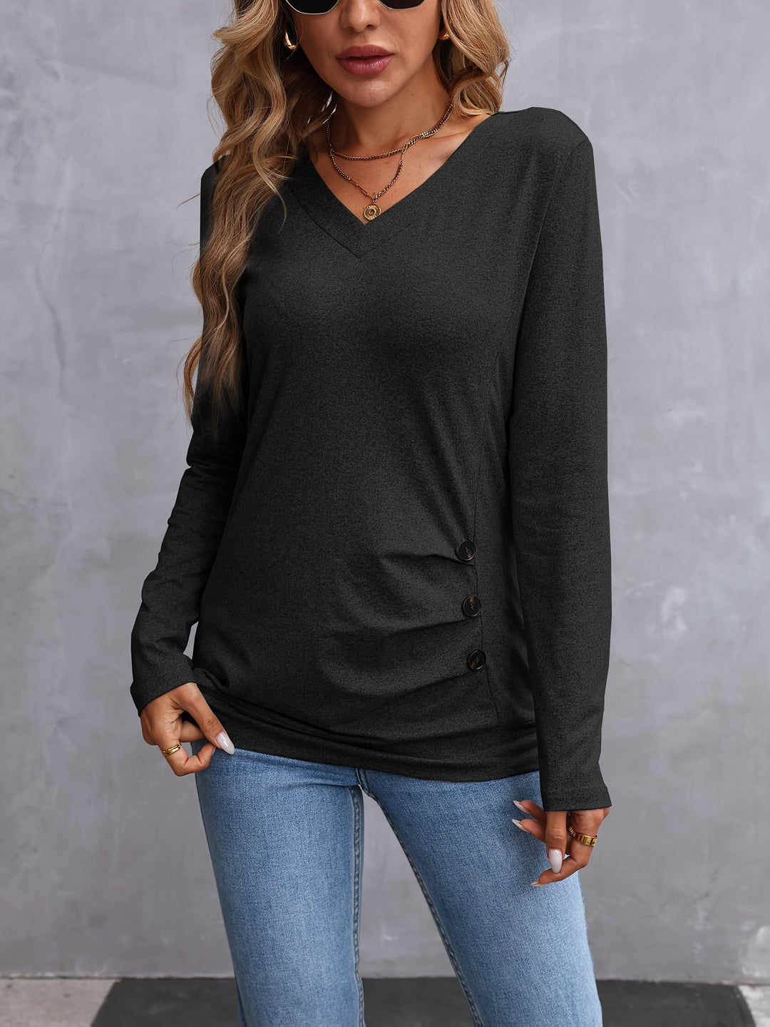 Kathryn | Side-Button V-Neck Long Sleeve Top