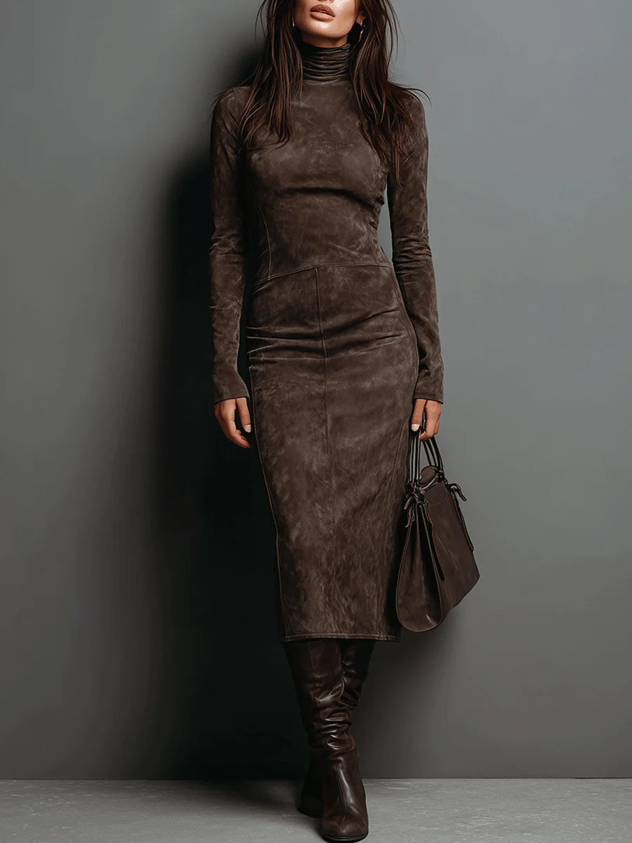 Mildred | Elegant Suede High Neck Dress