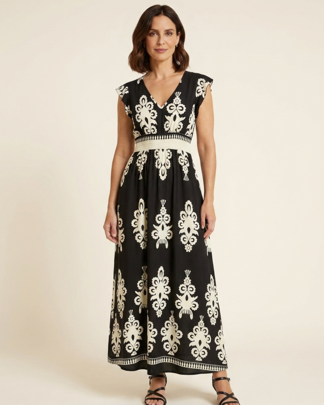 Rosalie | Baroque-Print V-Neck Maxi Dress
