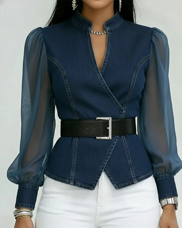 Lucille | Belted Sheer-Sleeve Peplum Top