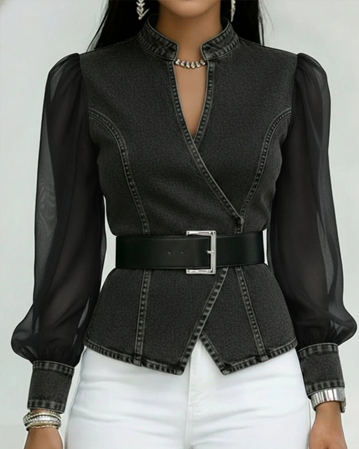 Lucille | Belted Sheer-Sleeve Peplum Top
