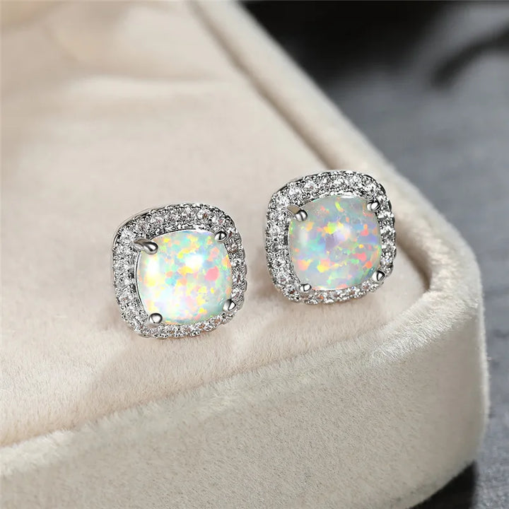 Rhonda | Elegant White Fire Opal Round Earrings