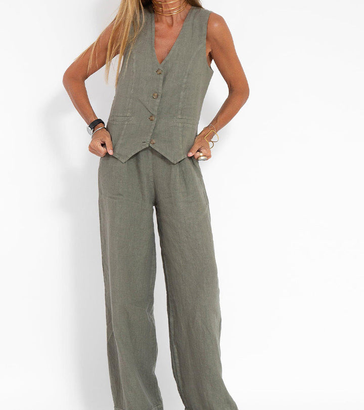 Lauren | Sleeveless V-Neck Vest &amp; Wide-Leg Trousers Set