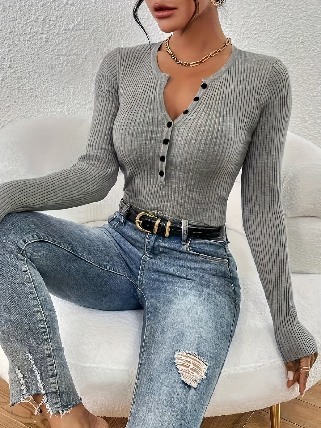 Helene | Ribbed Half-Button Top