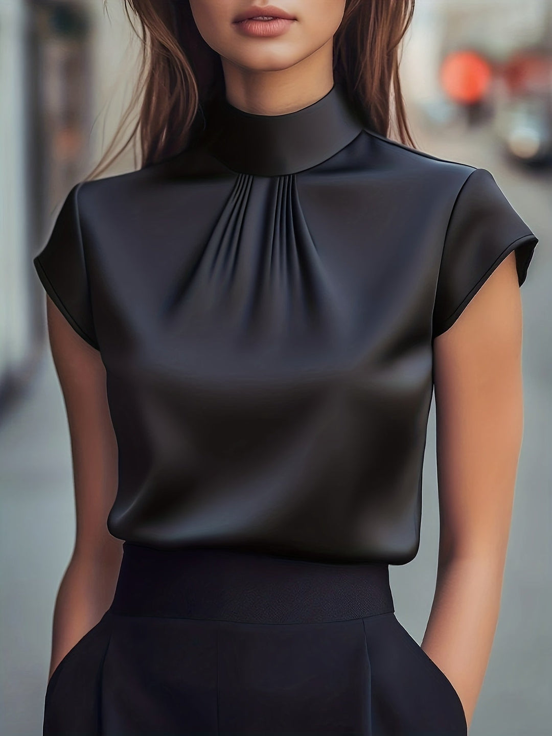 Lena | Pleated Mock-Neck Blouse